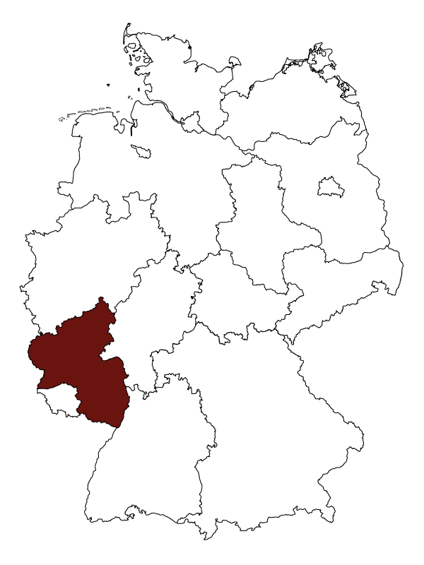 Eine Deutschlandkarte ist an der Stelle der Rheinland- Pfalz rot gefärbt